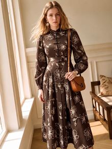 Écloséra Women's Spring/Autumn Printed Dress, Loose Elegant Round Neck Puff Sleeve, Coffee Hand-Painted Floral Pattern, Suitable For Daily Wear, Commuting And Dating - Coffee - View 7