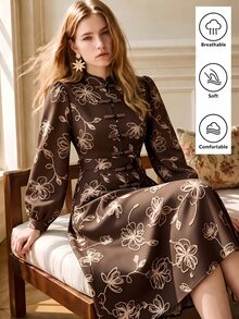Écloséra Women's Spring/Autumn Printed Dress, Loose Elegant Round Neck Puff Sleeve, Coffee Hand-Painted Floral Pattern, Suitable For Daily Wear, Commuting And Dating - Coffee - View 4