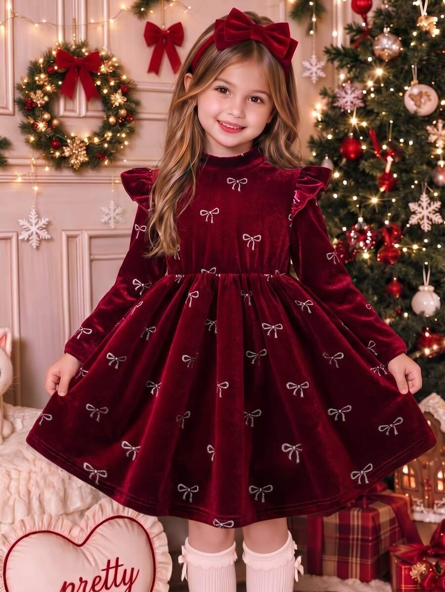 Elladie kids 1件女童優雅復古風全印花銀箔蝴蝶結圖案洋裝,肩部荷葉袖荷葉邊飾、半高領長袖、收腰喇叭裙擺中長洋裝,天鵝絨質感面料,垂墜感佳,適合派對、節慶等場合,秋冬女童洋裝 - 酒紅色 - 查看 1