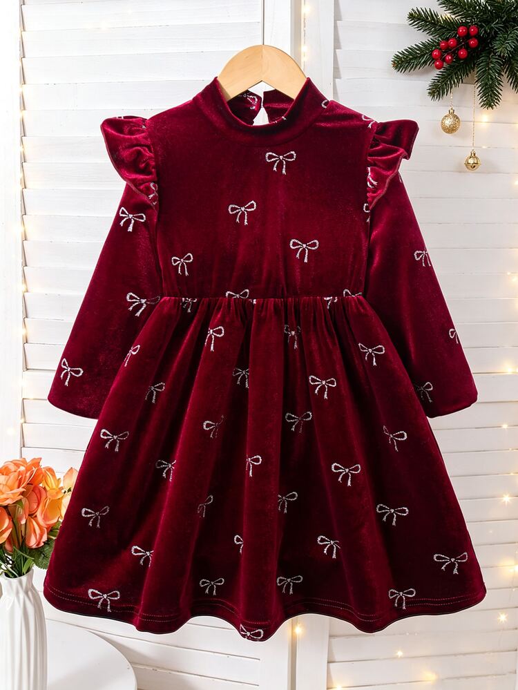 Elladie kids 1pc Girls' Elegant Vintage Style, All-Over Allover Print Silver Foil Bow Pattern, Shoulder Flutter Sleeve Ruffle Trim, Semi-High Neck Long Sleeve Cinched Waist Flared Midi Dress, Velvet Texture Fabric, Excellent Drape, Suitable For Parties, Festivals And Other Occasions, Perfect For Autumn/Winter Girls' Dress - Burgundy - View 4