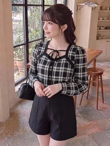 Bijouette Plus Size Korean Style Plaid Tie-Front Long Sleeve T-Shirt, Preppy Fall - Black and White - View 9