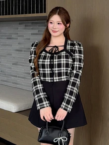 Bijouette Plus Size Korean Style Plaid Tie-Front Long Sleeve T-Shirt, Preppy Fall - Black and White - View 3