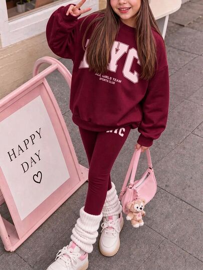 Kids Tween Girl Versatile Letter Print Crew Neck Autumn Sweatshirt & Leggings 2 Pieces Set For Outings And School