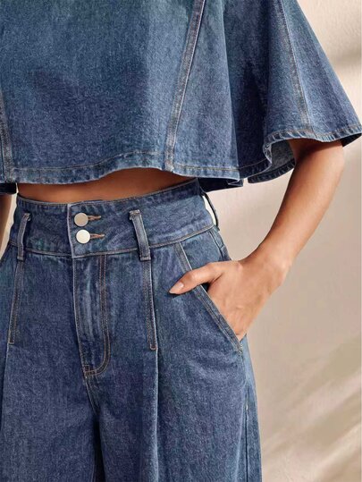 Anewsta Conjunto de 2 piezas de mujer elegante y casual de denim azul aqua lavado, top con capa de manga corta y pantalones de pierna ancha de cintura alta