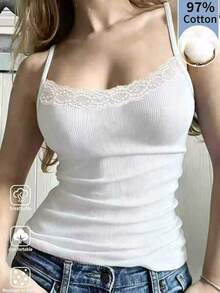 SHEIN Women's Summer Solid Color Versatile Contrast Lace Fitted Camisole - White - View 1