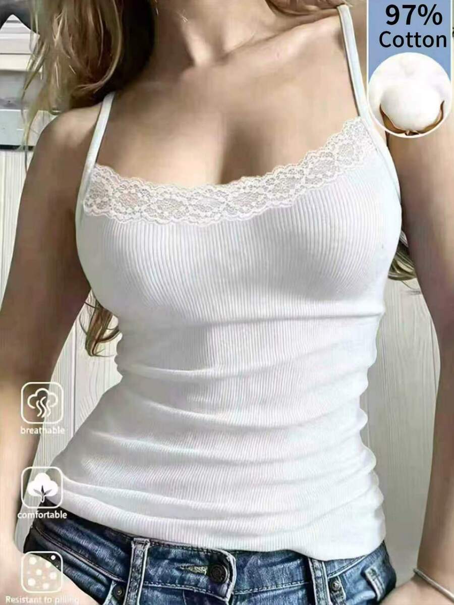 SHEIN Women's Summer Solid Color Versatile Contrast Lace Fitted Camisole - White - View 1
