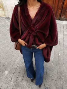 Elenzga 標準尺寸女款秋冬毛皮面料優雅披肩大衣，適合日常通勤 - 酒紅色 - 查看 2