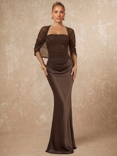 Lumalex Spring/Summer Solid Color Shawl Wrap Fitted Mesh & Satin Elegant Formal Dress For Women, Brunch Dress, Wedding Guest Attire, Social Event Gown