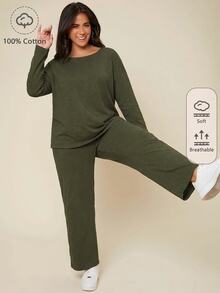 SHEIN BASICS Plus Size Women Round Neck Long Sleeve T-Shirt Pants Elegant Baggy 2 Pieces Set Date Night Vacation Home Wear Formal Olive Green Autumn Cotton Fall - Dark Green - View 2