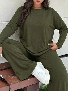 SHEIN BASICS Plus Size Women Round Neck Long Sleeve T-Shirt Pants Elegant Baggy 2 Pieces Set Date Night Vacation Home Wear Formal Olive Green Autumn Cotton Fall - Dark Green - View 8