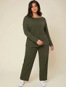 SHEIN BASICS Plus Size Women Round Neck Long Sleeve T-Shirt Pants Elegant Baggy 2 Pieces Set Date Night Vacation Home Wear Formal Olive Green Autumn Cotton Fall - Dark Green - View 3