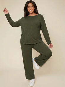 SHEIN BASICS Plus Size Women Round Neck Long Sleeve T-Shirt Pants Elegant Baggy 2 Pieces Set Date Night Vacation Home Wear Formal Olive Green Autumn Cotton Fall - Dark Green - View 5