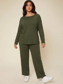 SHEIN BASICS Plus Size Women Round Neck Long Sleeve T-Shirt Pants Elegant Baggy 2 Pieces Set Date Night Vacation Home Wear Formal Olive Green Autumn Cotton Fall - Dark Green - View 4