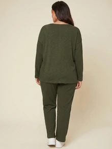 SHEIN BASICS Plus Size Women Round Neck Long Sleeve T-Shirt Pants Elegant Baggy 2 Pieces Set Date Night Vacation Home Wear Formal Olive Green Autumn Cotton Fall - Dark Green - View 7