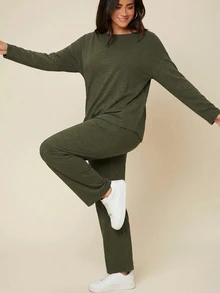 SHEIN BASICS Plus Size Women Round Neck Long Sleeve T-Shirt Pants Elegant Baggy 2 Pieces Set Date Night Vacation Home Wear Formal Olive Green Autumn Cotton Fall - Dark Green - View 6
