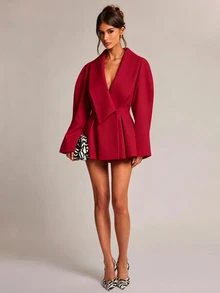 SHEIN BAE 女款純色休閒通勤西裝外套，婚禮賓客穿搭，正式場合，雞尾酒會 - 紅色 - 查看 3