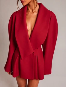 SHEIN BAE 女款純色休閒通勤西裝外套，婚禮賓客穿搭，正式場合，雞尾酒會 - 紅色 - 查看 7
