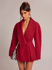 SHEIN BAE 女款純色休閒通勤西裝外套，婚禮賓客穿搭，正式場合，雞尾酒會 - 紅色 - 查看 5