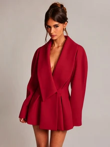SHEIN BAE 女款純色休閒通勤西裝外套，婚禮賓客穿搭，正式場合，雞尾酒會 - 紅色 - 查看 6