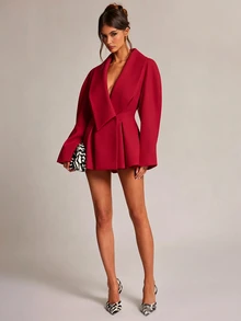 SHEIN BAE 女款純色休閒通勤西裝外套，婚禮賓客穿搭，正式場合，雞尾酒會 - 紅色 - 查看 4