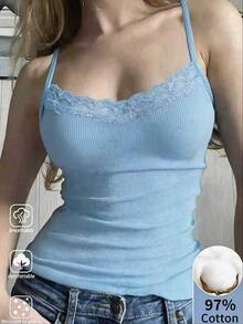 Zavorell 女款夏季休閒純色蕾絲拼接細肩帶背心 日常居家服 淡藍色 - 淺藍色 - 查看 1