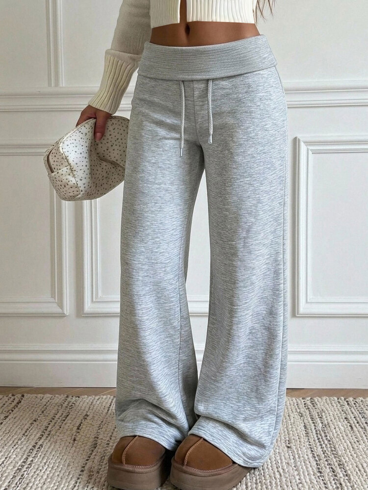 SHEIN Teen Girl Teen Girls Knit Grey Waistband Folded Casual Drawstring Long Pants - Grey - View 3
