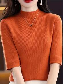 EMERY ROSE Women Fashionable & Versatile Short Sleeves Knit Top For Daily Commute - Orange - View 8