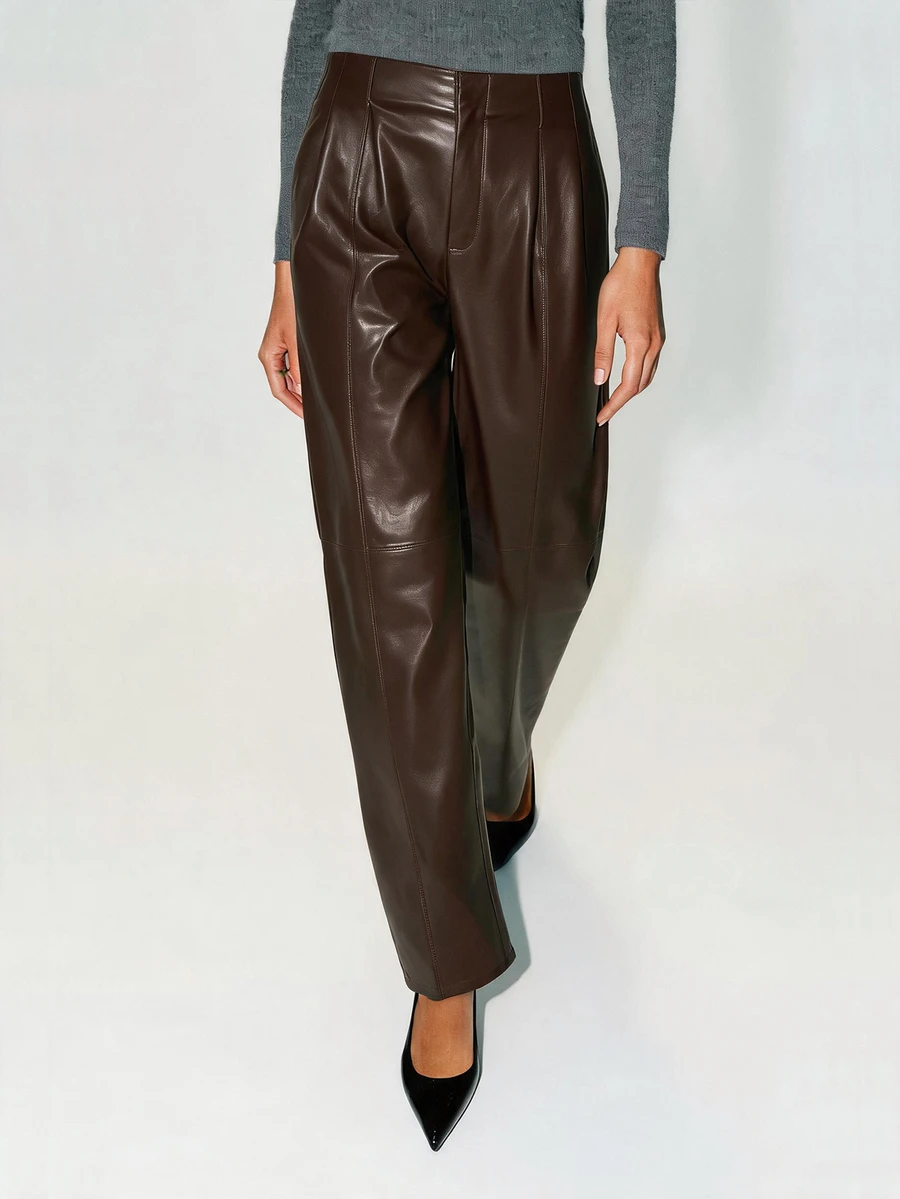 Anewsta Essential Autumn Coffee Color Long Pants, Maillard Fashion Modern Commute Casual Split Time PU Women's Long Pants - Coffee Brown - View 1