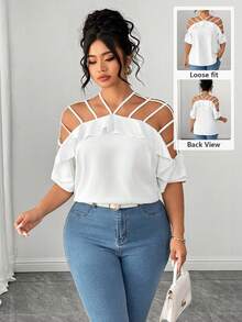 Elenzga Plus-Size Women's Open Shoulder Short-Sleeve Ruffle Loose Casual Vacation Top, The Shoulder Size Runs Large - White - View 7