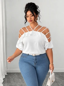 Elenzga Plus-Size Women's Open Shoulder Short-Sleeve Ruffle Loose Casual Vacation Top, The Shoulder Size Runs Large - White - View 1