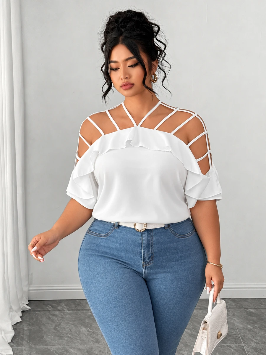 Elenzga Plus-Size Women's Open Shoulder Short-Sleeve Ruffle Loose Casual Vacation Top, The Shoulder Size Runs Large - White - View 1