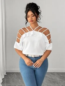 Elenzga Plus-Size Women's Open Shoulder Short-Sleeve Ruffle Loose Casual Vacation Top, The Shoulder Size Runs Large - White - View 6