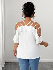 Elenzga Plus-Size Women's Open Shoulder Short-Sleeve Ruffle Loose Casual Vacation Top, The Shoulder Size Runs Large - White - View 4