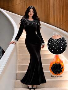 Modelyn Elegant Round Neck Velvet Pearl Beaded Long Sleeve Bodycon Mermaid Party Dress - Black - View 1