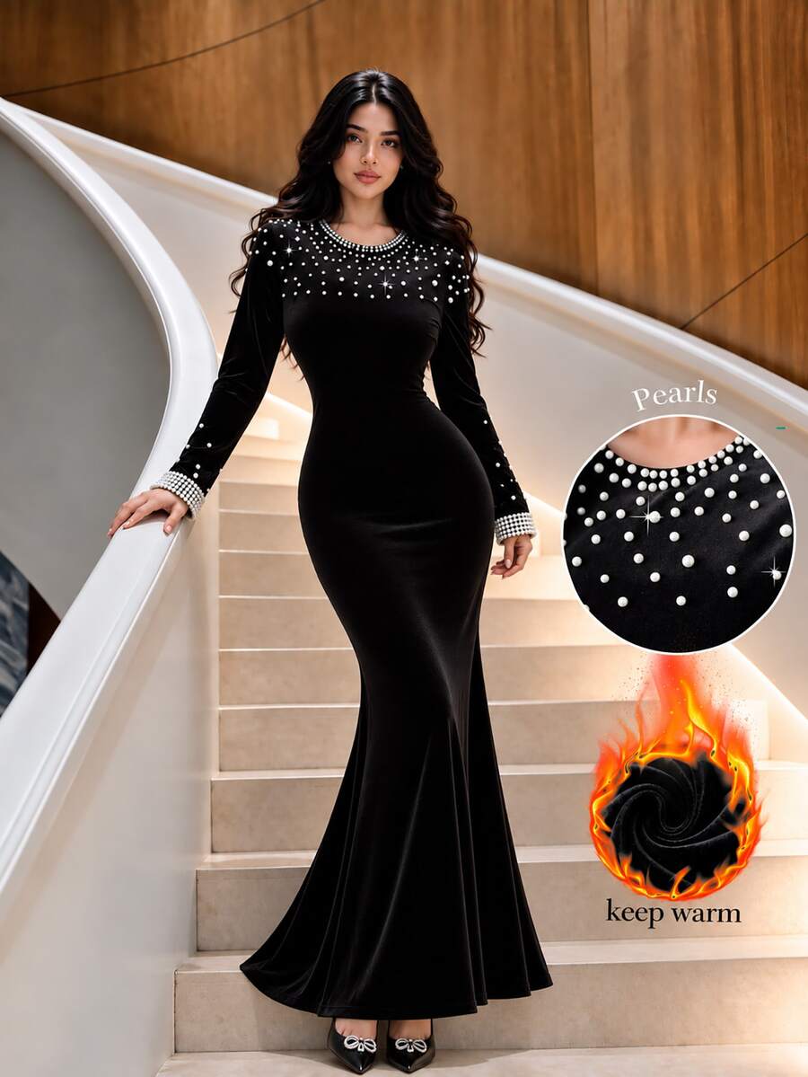 Modelyn Elegant Round Neck Velvet Pearl Beaded Long Sleeve Bodycon Mermaid Party Dress - Black - View 1