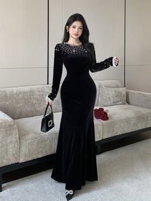 Modelyn Elegant Round Neck Velvet Pearl Beaded Long Sleeve Bodycon Mermaid Party Dress - Black - View 6