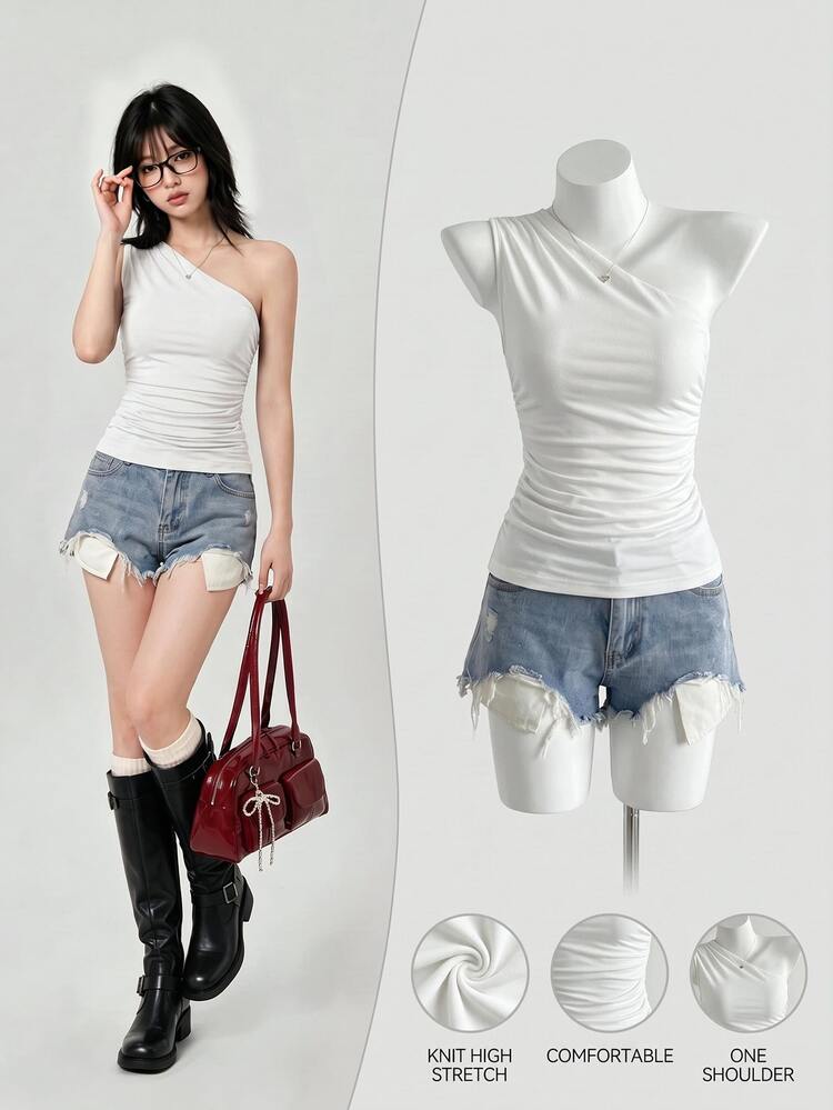 Elamini Top ajustado con cuello asimétrico fruncido color albaricoque, top casual elegante minimalista de moda para uso diario y desplazamientos para mujeres, primavera/verano - Blanco - Añade 1