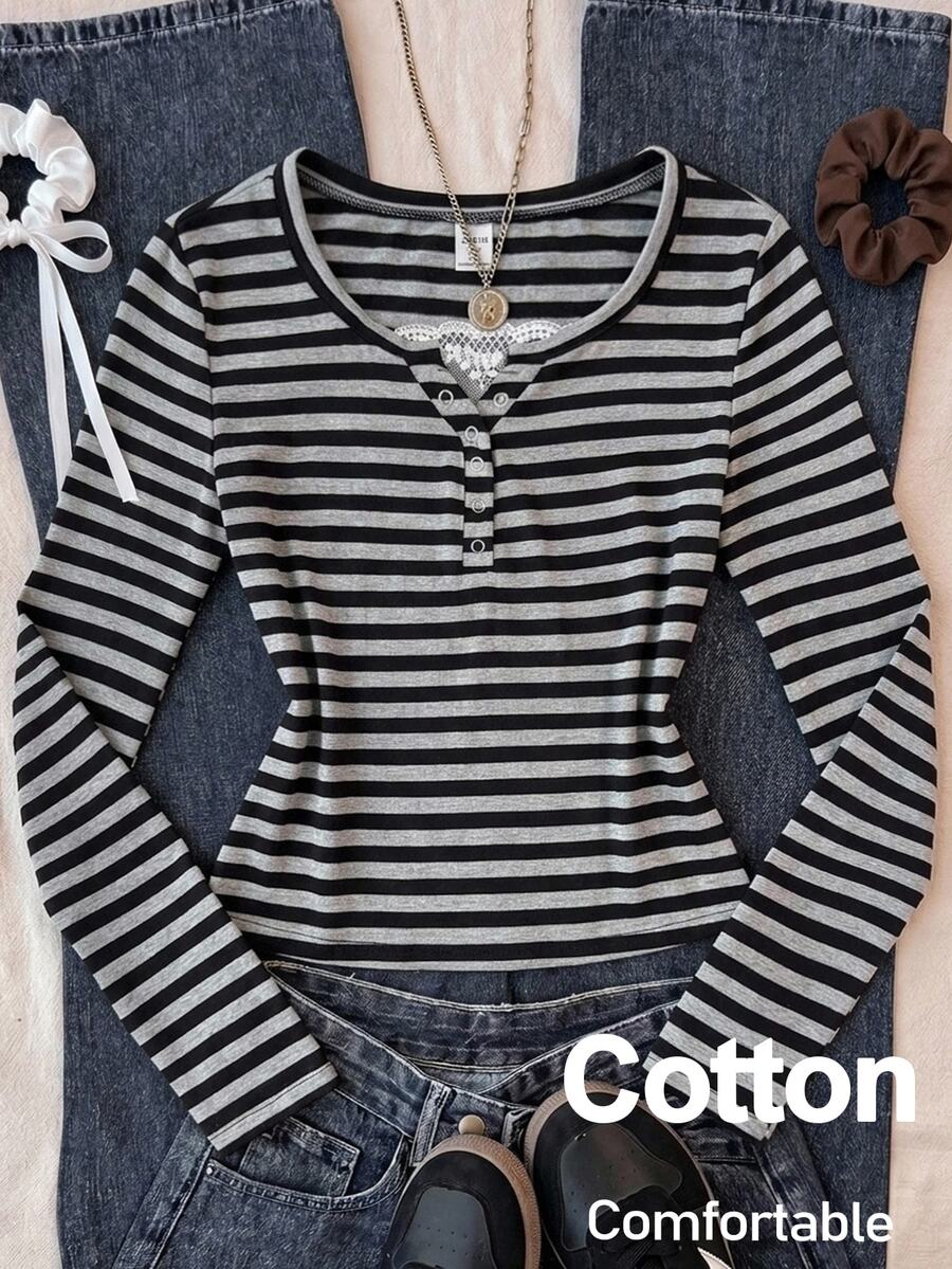 SHEIN Teen Girls T-Shirts Autumn Half-Open Eyelet Lace 2 In 1 Long Sleeve Black & Grey Striped T-Shirt - Grey - View 1