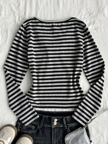 SHEIN Teen Girls T-Shirts Autumn Half-Open Eyelet Lace 2 In 1 Long Sleeve Black & Grey Striped T-Shirt - Grey - View 2