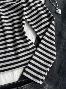 SHEIN Teen Girls T-Shirts Autumn Half-Open Eyelet Lace 2 In 1 Long Sleeve Black & Grey Striped T-Shirt - Grey - View 4