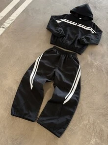 Tween Boy Striped Long Sleeve Zip-Up Hooded Jacket And Pants Set - Black - View 1