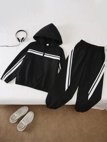 Tween Boy Striped Long Sleeve Zip-Up Hooded Jacket And Pants Set - Black - View 3