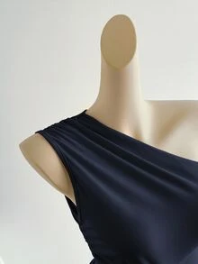 Elamini 杏色抓皺不對稱單肩修身上衣，時尚極簡休閒優雅百搭，適合日常穿著與通勤，春夏款 - 藏蓝色 - 查看 8