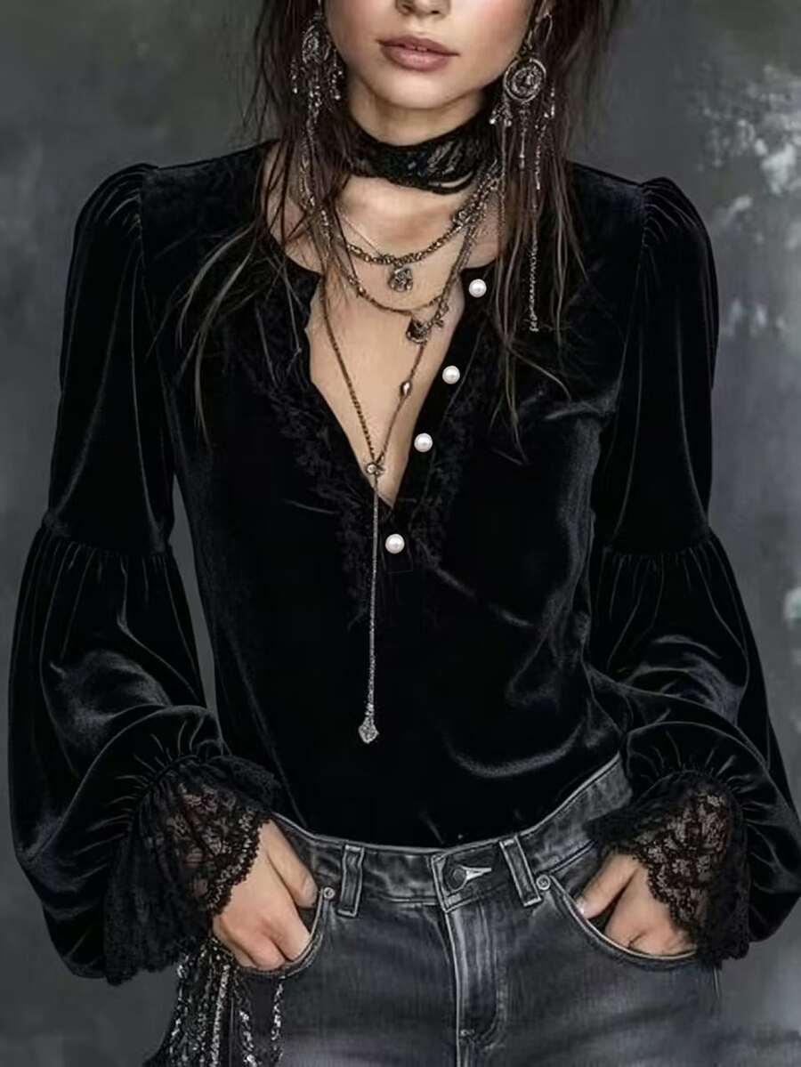 LUMIGAL Women's Black Velvet Contrast Lace Trim Blouse Halloween Night ...
