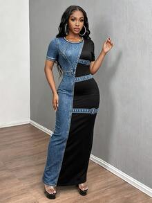 INAWLY Solva New Women's Plus Size Bestselling Denim Effect Fitted Bodycon Casual Dress Fall - Multicolor - View 6