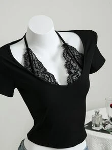 Elamini 1 件女式蕾丝拼布深 V 领露背短袖短款 T 恤，优雅浪漫度假休闲百搭夏装 - 黑色 - 查看 3