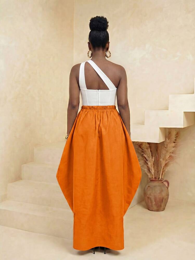 BamGlimmer Burnt Orange Summer Elegant Sexy Party Going Out Vacation Solid Oversized Split Front Skirt Fashion Vital Resort Hip-Hop Casual Style Spring Autumn - Orange - View 2