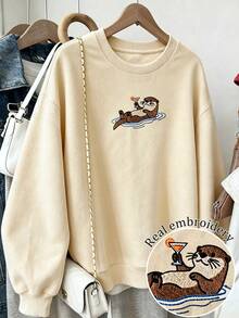 Resyla Women's Casual Embroidered Thermal Lined Long Sleeve Sweatshirt, Autumn/Winter - Apricot - View 1