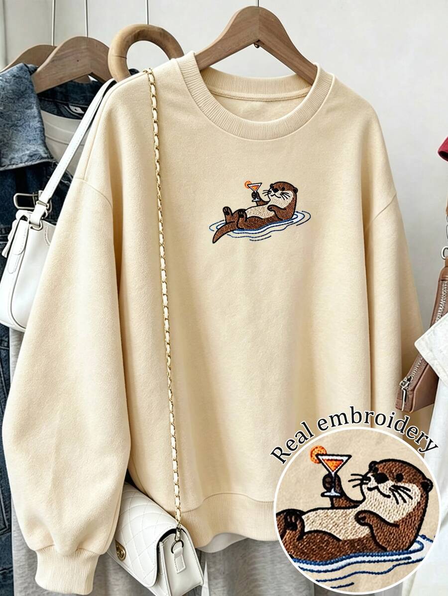 Resyla Women's Casual Embroidered Thermal Lined Long Sleeve Sweatshirt, Autumn/Winter - Apricot - View 1