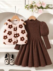 SHEIN Elladie kids 女童 2 件套棕色花卉編織抓絨內裡立領無袖短版修身羅紋外套套裝，附鈕扣，休閒秋冬款 - 棕色 - 查看 6